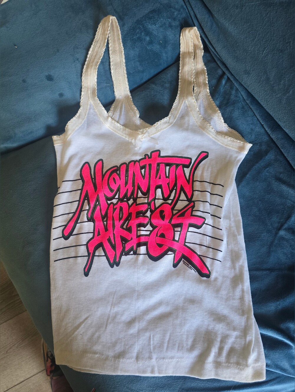 White Tank Top with Hot Pink 'Mountain Aire 84' Graphic